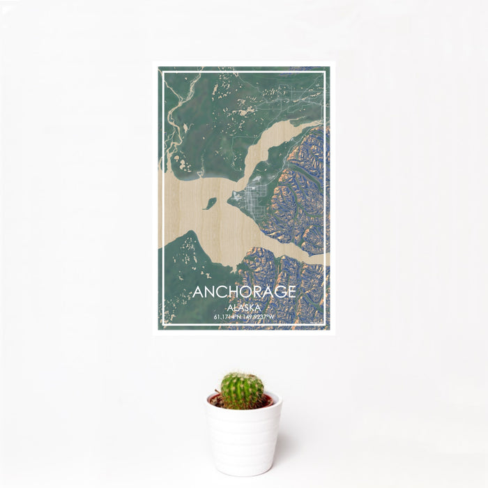 12x18 Anchorage Alaska Map Print Portrait Orientation in Afternoon Style With Small Cactus Plant in White Planter