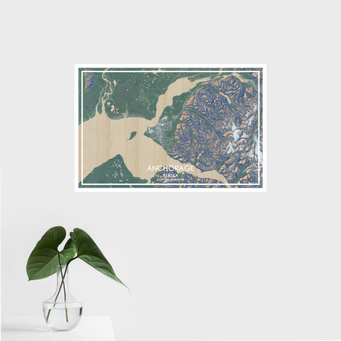 16x24 Anchorage Alaska Map Print Landscape Orientation in Afternoon Style With Tropical Plant Leaves in Water