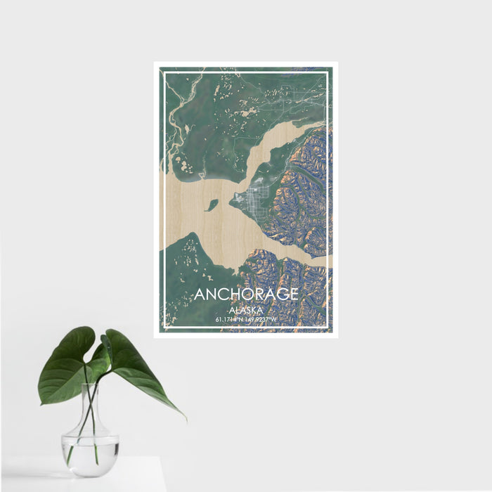 16x24 Anchorage Alaska Map Print Portrait Orientation in Afternoon Style With Tropical Plant Leaves in Water