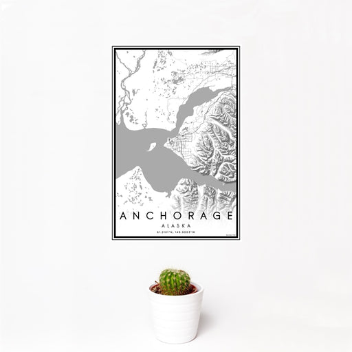 12x18 Anchorage Alaska Map Print Portrait Orientation in Classic Style With Small Cactus Plant in White Planter