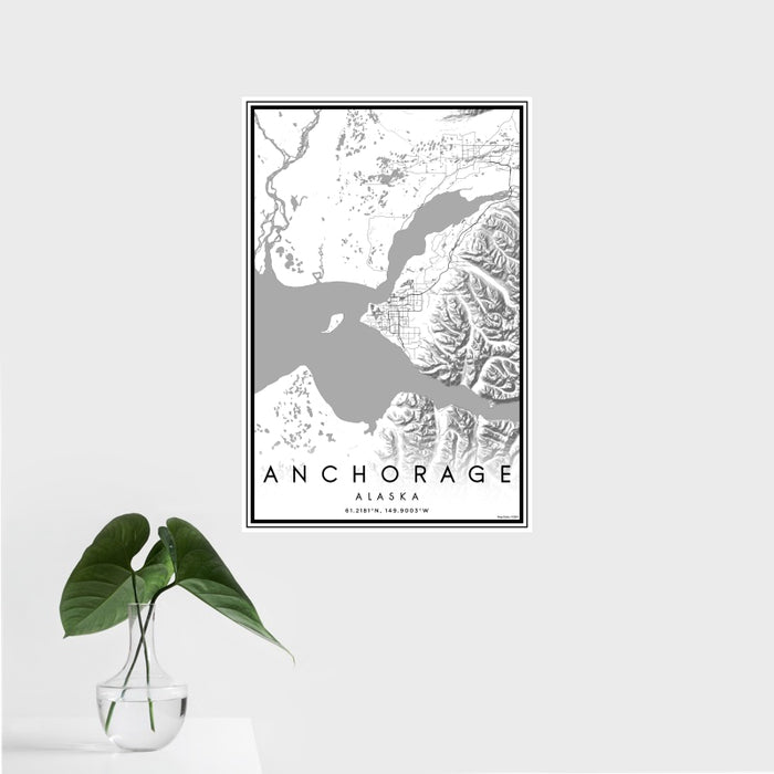16x24 Anchorage Alaska Map Print Portrait Orientation in Classic Style With Tropical Plant Leaves in Water