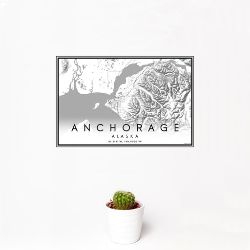 12x18 Anchorage Alaska Map Print Landscape Orientation in Classic Style With Small Cactus Plant in White Planter