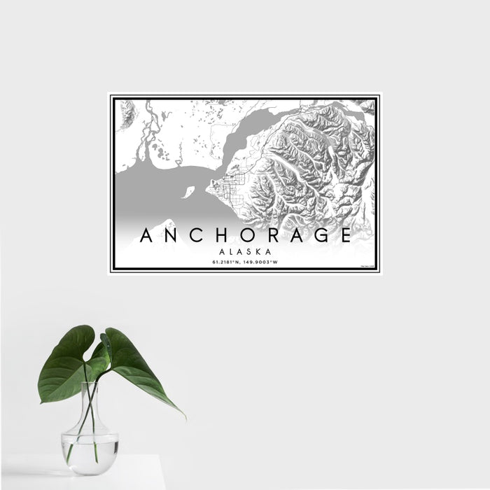 16x24 Anchorage Alaska Map Print Landscape Orientation in Classic Style With Tropical Plant Leaves in Water