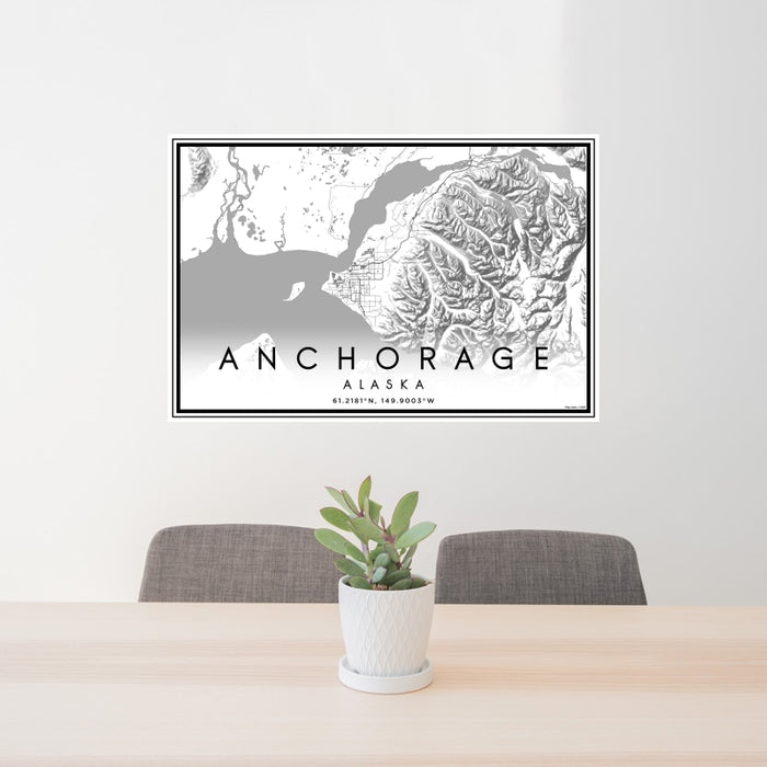 24x36 Anchorage Alaska Map Print Landscape Orientation in Classic Style Behind 2 Chairs Table and Potted Plant