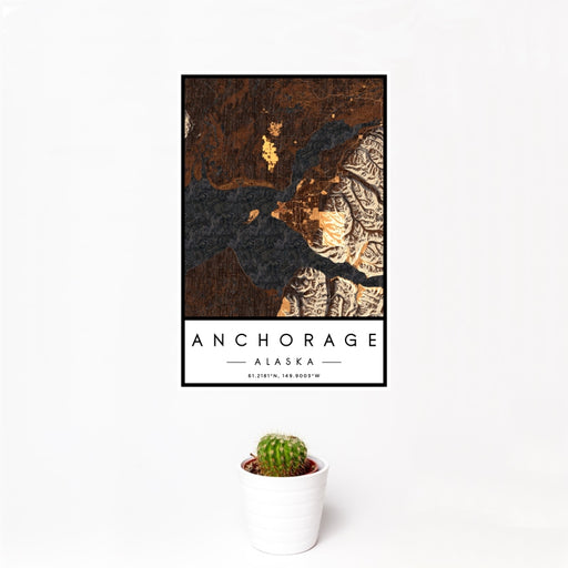 12x18 Anchorage Alaska Map Print Portrait Orientation in Ember Style With Small Cactus Plant in White Planter