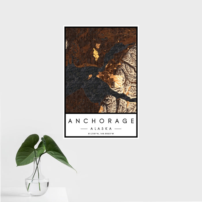 16x24 Anchorage Alaska Map Print Portrait Orientation in Ember Style With Tropical Plant Leaves in Water