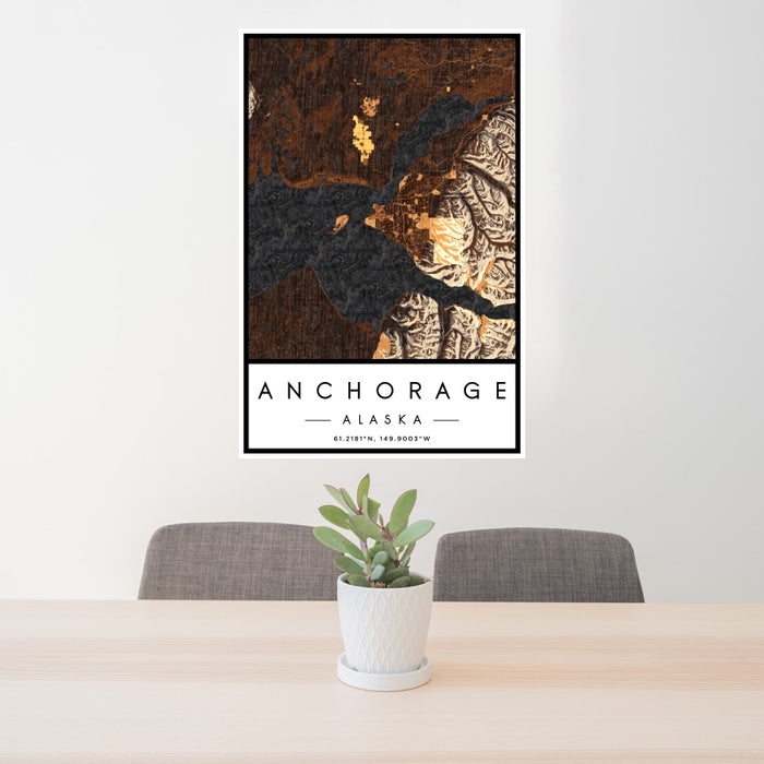 24x36 Anchorage Alaska Map Print Portrait Orientation in Ember Style Behind 2 Chairs Table and Potted Plant