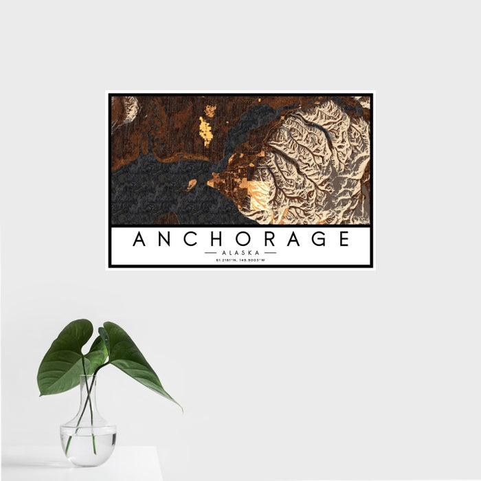16x24 Anchorage Alaska Map Print Landscape Orientation in Ember Style With Tropical Plant Leaves in Water