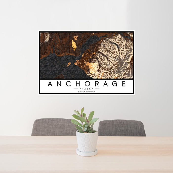 24x36 Anchorage Alaska Map Print Landscape Orientation in Ember Style Behind 2 Chairs Table and Potted Plant