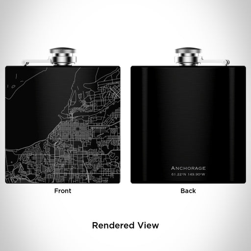 Rendered View of Anchorage Alaska Map Engraving on 6oz Stainless Steel Flask in Black