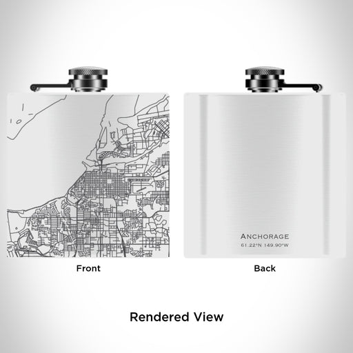 Rendered View of Anchorage Alaska Map Engraving on 6oz Stainless Steel Flask in White
