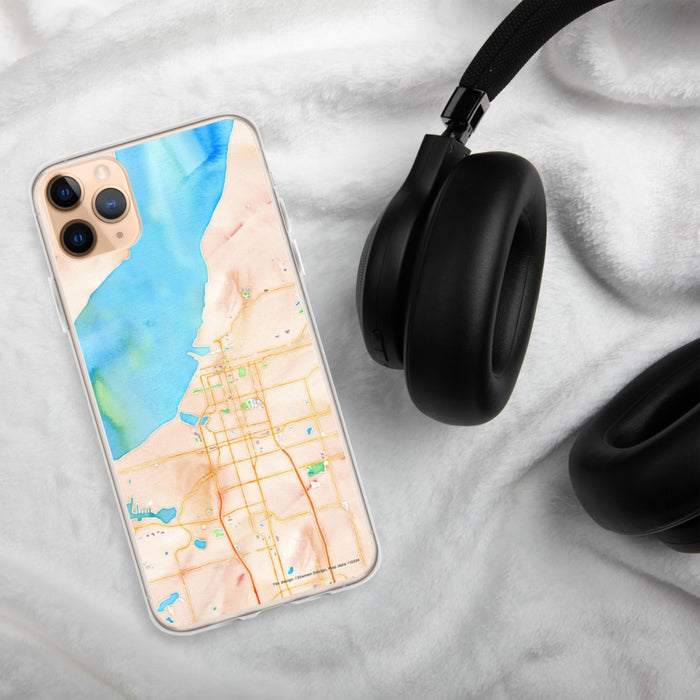 Custom Anchorage Alaska Map Phone Case in Watercolor on Table with Black Headphones