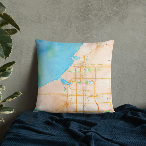 Custom Anchorage Alaska Map Throw Pillow in Watercolor on Bedding Against Wall