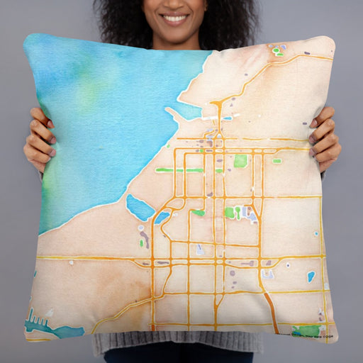 Person holding 22x22 Custom Anchorage Alaska Map Throw Pillow in Watercolor