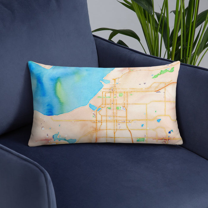 Custom Anchorage Alaska Map Throw Pillow in Watercolor on Blue Colored Chair