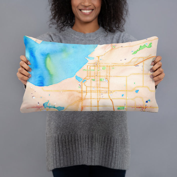 Person holding 20x12 Custom Anchorage Alaska Map Throw Pillow in Watercolor