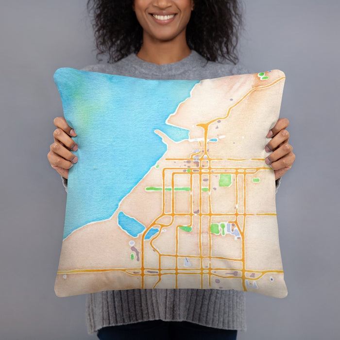 Person holding 18x18 Custom Anchorage Alaska Map Throw Pillow in Watercolor