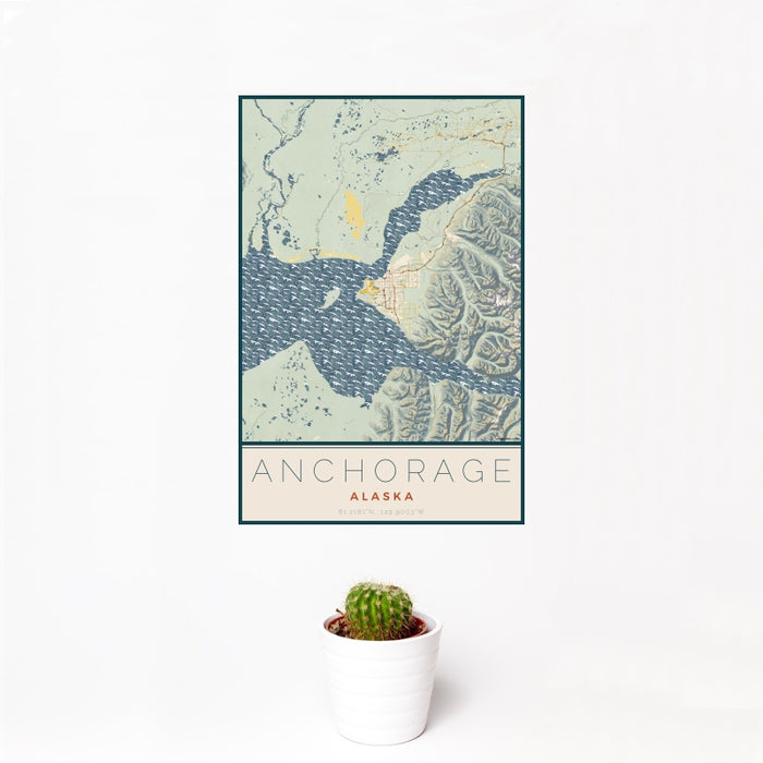 12x18 Anchorage Alaska Map Print Portrait Orientation in Woodblock Style With Small Cactus Plant in White Planter