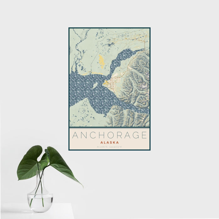 16x24 Anchorage Alaska Map Print Portrait Orientation in Woodblock Style With Tropical Plant Leaves in Water