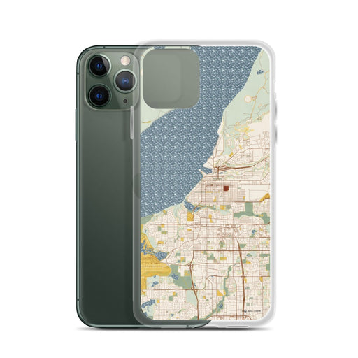 Custom Anchorage Alaska Map Phone Case in Woodblock on Table with Laptop and Plant