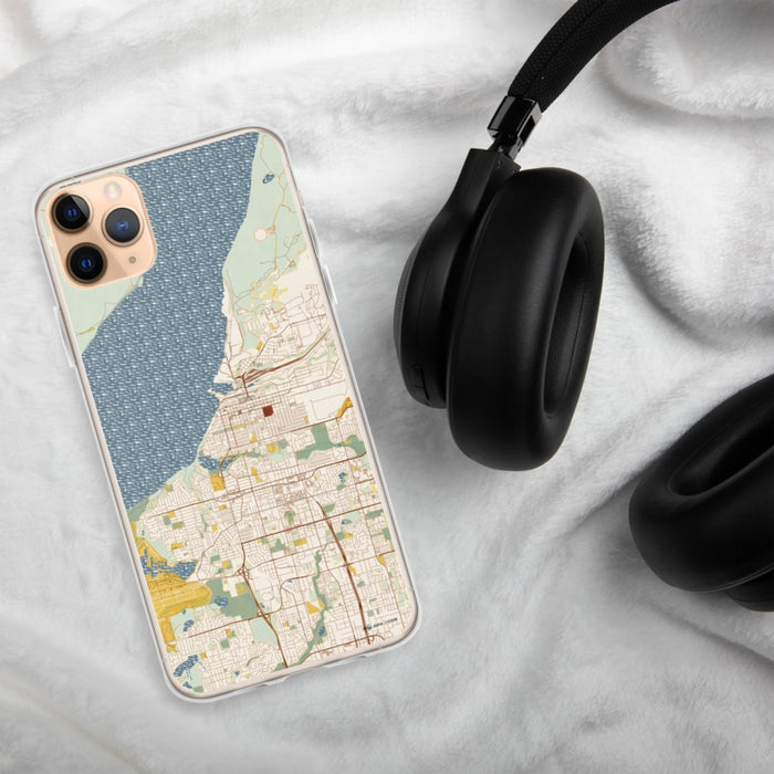 Custom Anchorage Alaska Map Phone Case in Woodblock on Table with Black Headphones