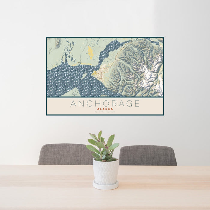 24x36 Anchorage Alaska Map Print Landscape Orientation in Woodblock Style Behind 2 Chairs Table and Potted Plant
