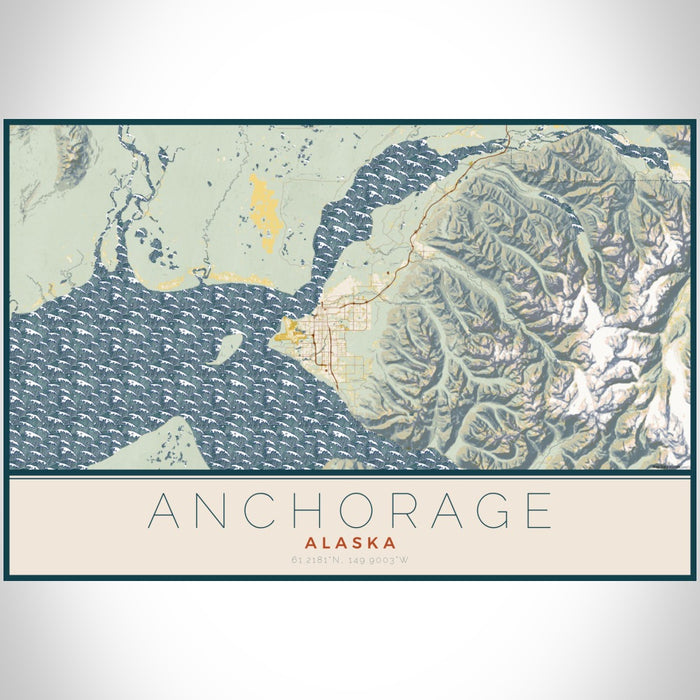 Anchorage Alaska Map Print Landscape Orientation in Woodblock Style With Shaded Background