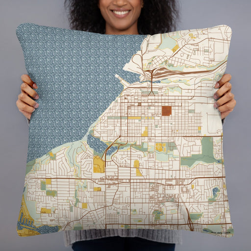 Person holding 22x22 Custom Anchorage Alaska Map Throw Pillow in Woodblock