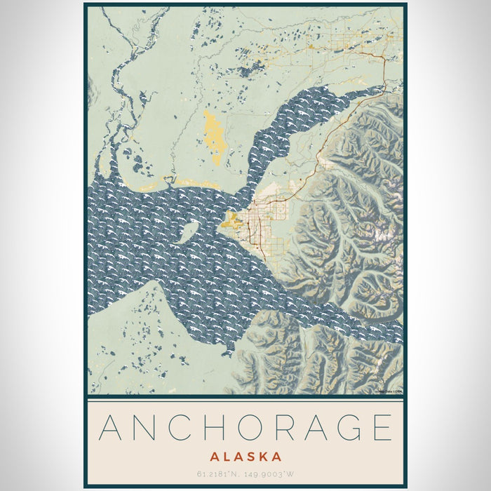 Anchorage Alaska Map Print Portrait Orientation in Woodblock Style With Shaded Background