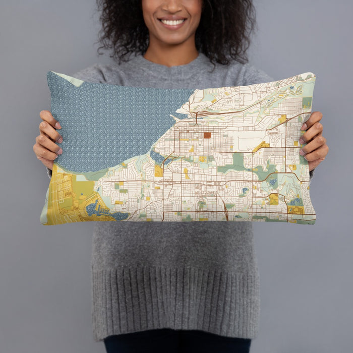 Person holding 20x12 Custom Anchorage Alaska Map Throw Pillow in Woodblock
