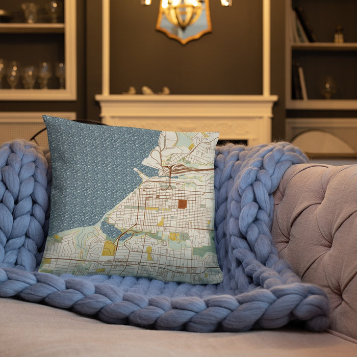 Custom Anchorage Alaska Map Throw Pillow in Woodblock on Cream Colored Couch