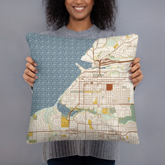 Person holding 18x18 Custom Anchorage Alaska Map Throw Pillow in Woodblock
