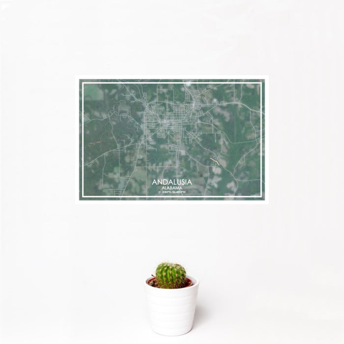 12x18 Andalusia Alabama Map Print Landscape Orientation in Afternoon Style With Small Cactus Plant in White Planter