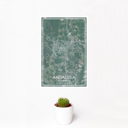 12x18 Andalusia Alabama Map Print Portrait Orientation in Afternoon Style With Small Cactus Plant in White Planter