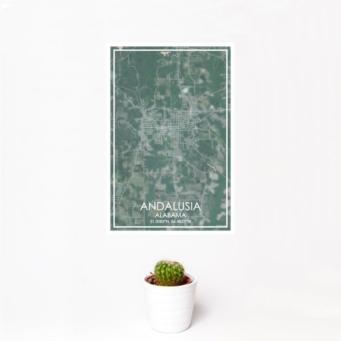 12x18 Andalusia Alabama Map Print Portrait Orientation in Afternoon Style With Small Cactus Plant in White Planter