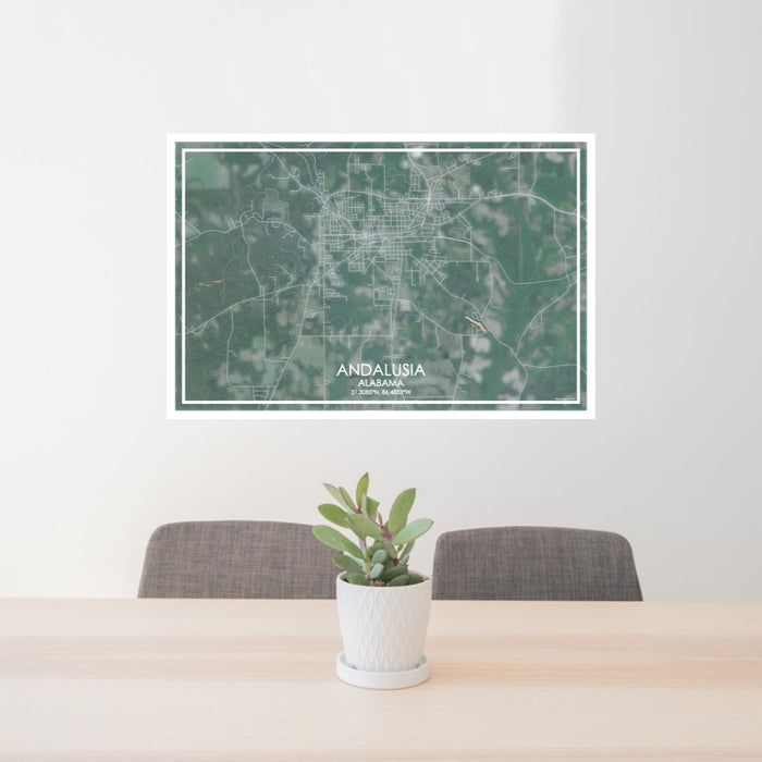 24x36 Andalusia Alabama Map Print Lanscape Orientation in Afternoon Style Behind 2 Chairs Table and Potted Plant