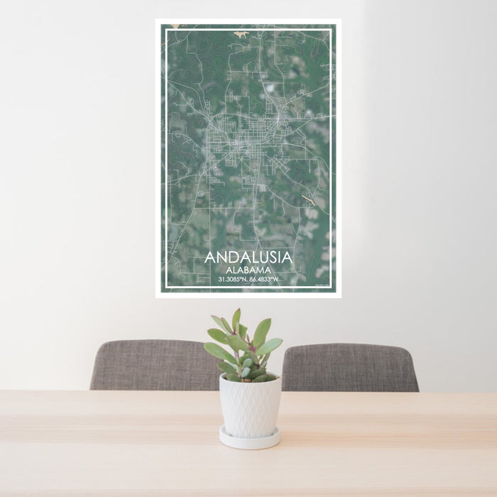 24x36 Andalusia Alabama Map Print Portrait Orientation in Afternoon Style Behind 2 Chairs Table and Potted Plant
