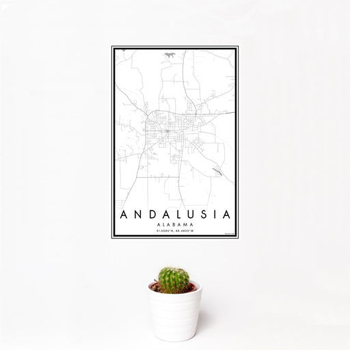 12x18 Andalusia Alabama Map Print Portrait Orientation in Classic Style With Small Cactus Plant in White Planter