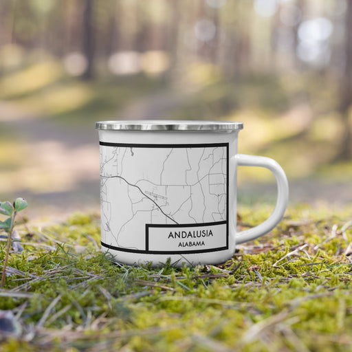 Right View Custom Andalusia Alabama Map Enamel Mug in Classic on Grass With Trees in Background