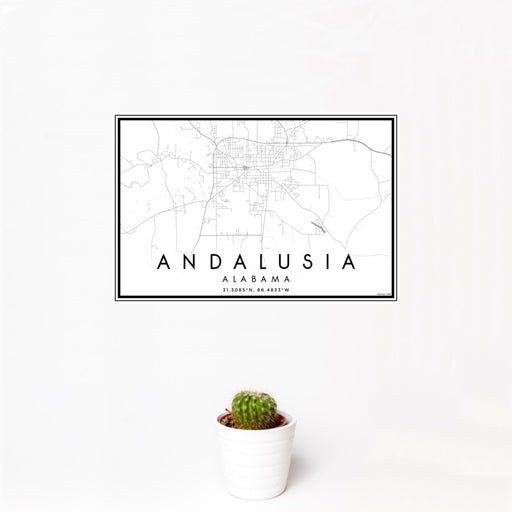 12x18 Andalusia Alabama Map Print Landscape Orientation in Classic Style With Small Cactus Plant in White Planter
