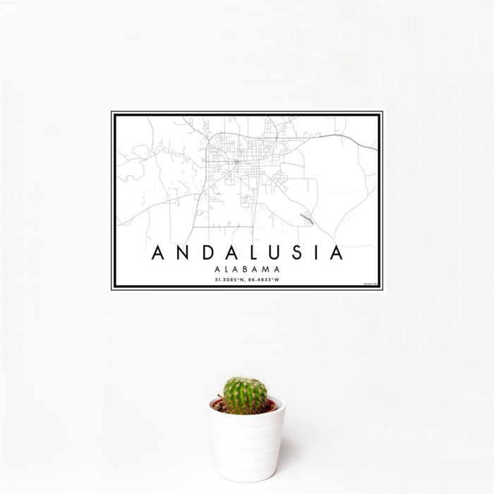 12x18 Andalusia Alabama Map Print Landscape Orientation in Classic Style With Small Cactus Plant in White Planter