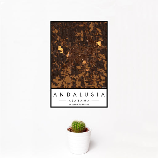 12x18 Andalusia Alabama Map Print Portrait Orientation in Ember Style With Small Cactus Plant in White Planter