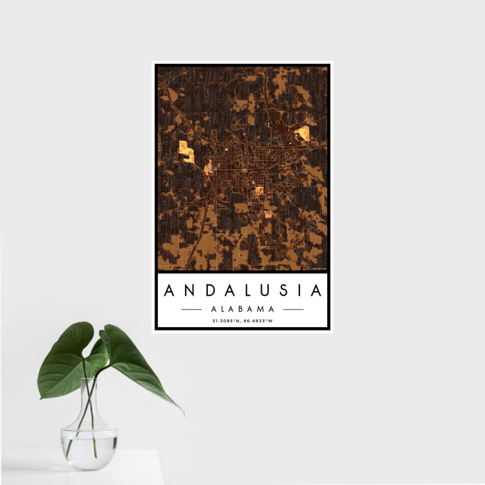 16x24 Andalusia Alabama Map Print Portrait Orientation in Ember Style With Tropical Plant Leaves in Water