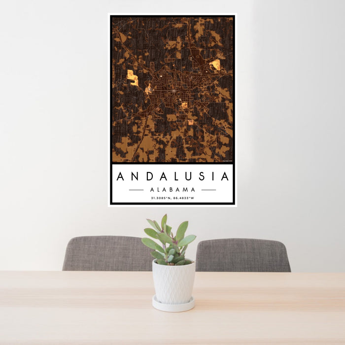 24x36 Andalusia Alabama Map Print Portrait Orientation in Ember Style Behind 2 Chairs Table and Potted Plant