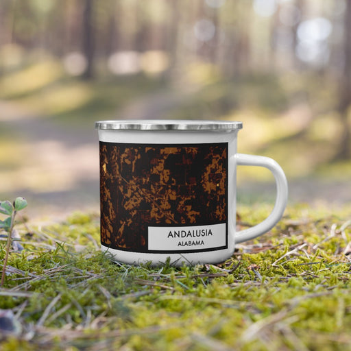 Right View Custom Andalusia Alabama Map Enamel Mug in Ember on Grass With Trees in Background