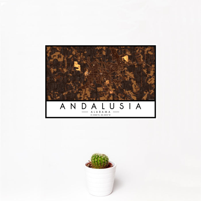 12x18 Andalusia Alabama Map Print Landscape Orientation in Ember Style With Small Cactus Plant in White Planter