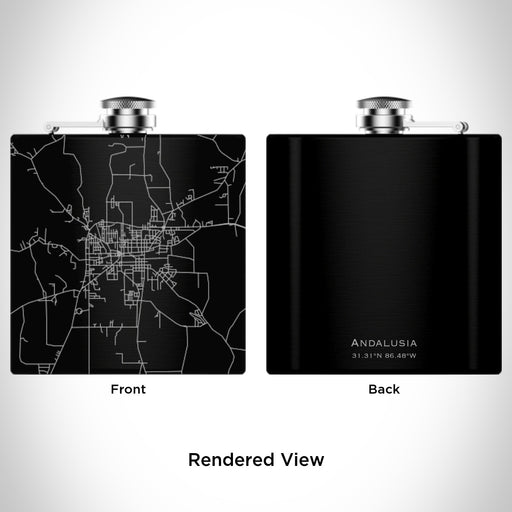 Rendered View of Andalusia Alabama Map Engraving on 6oz Stainless Steel Flask in Black