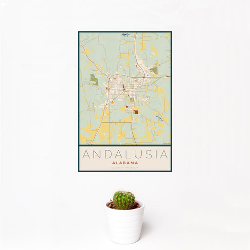12x18 Andalusia Alabama Map Print Portrait Orientation in Woodblock Style With Small Cactus Plant in White Planter