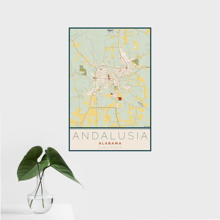 16x24 Andalusia Alabama Map Print Portrait Orientation in Woodblock Style With Tropical Plant Leaves in Water
