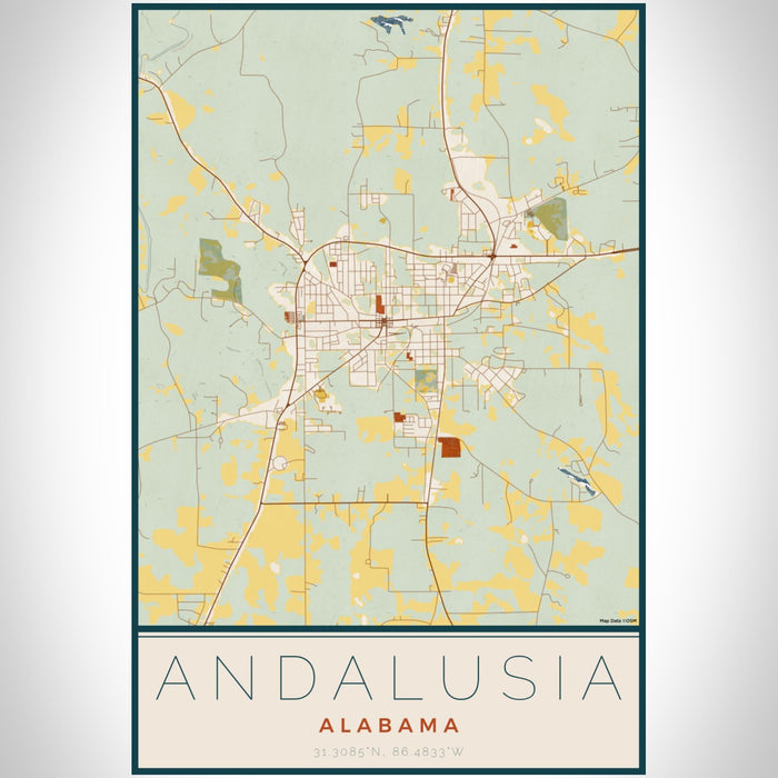 Andalusia Alabama Map Print Portrait Orientation in Woodblock Style With Shaded Background